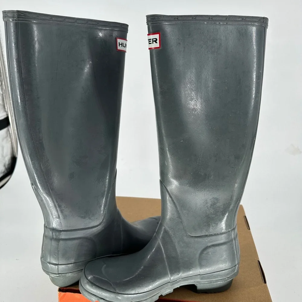 Hunter Tall Glossy Gray Side Buckles‎ Rain Boots Waterproof Women's 37 USA 6